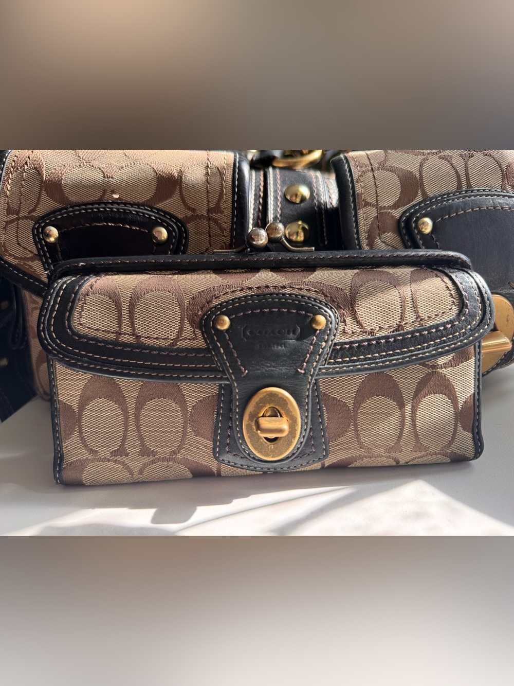Coach Brown Legacy Lining Double Turnlock Clasp Vintage Bag+Wallet - Picture 2 of 16